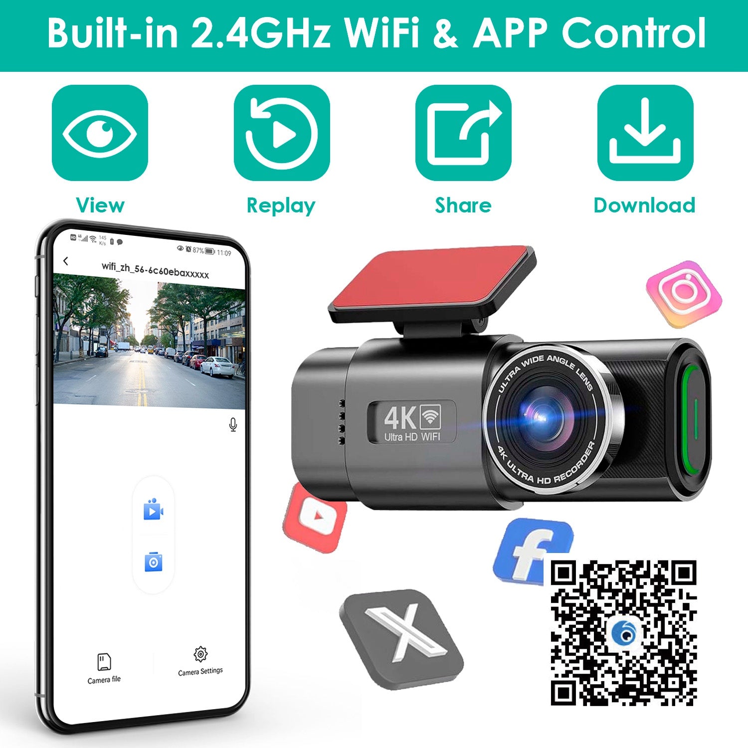 1Pc 4K 1080P Car Dash Cam 2.4GHz WiFi Car Camera Mini Driving Recorder With 140 Degree Wide Angle APP Control Night Vision G-sensor Loop Recording