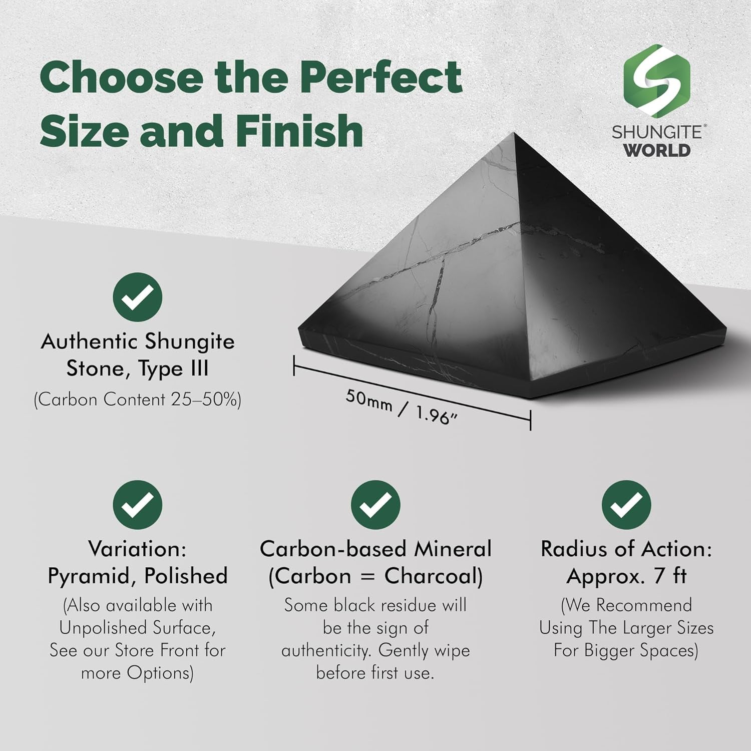 Authentic Shungite Pyramid Polished 50 Mm / 1.96" Chakra Energy Natural Healing Crystal Real Black Pyramid Home Office Protection Desk Decor Meditation Reiki Grounding Stone